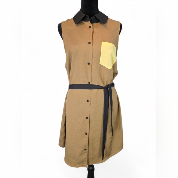 Kensie Sleeveless Shirt Dress Size M Brown Black Yellow Pocket Belted Colorblock - Picture 1 of 6